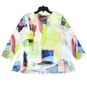 Jess & Jane Abstract Colorful Mesh Mixed Media Tunic Top Large Lagenlook Fairy